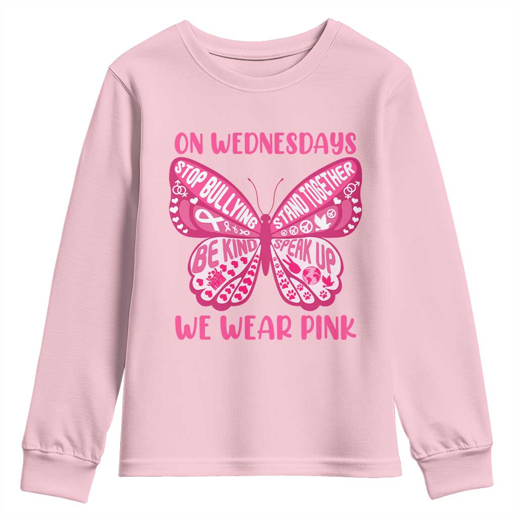 Pink Shirt Day Youth Sweatshirt On Wednesdays We Wear Pink Anti Bullying Butterfly TS02 Light Pink Print Your Wear