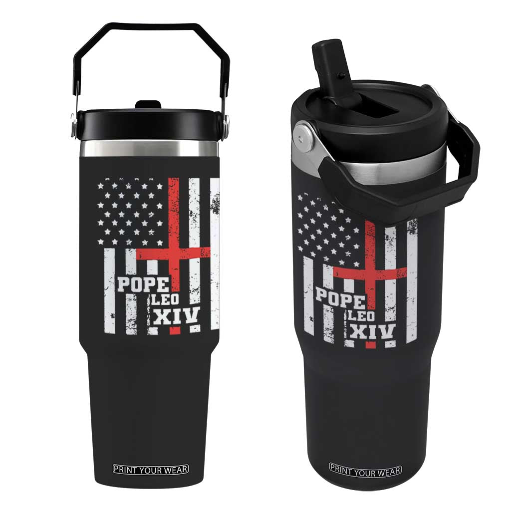 Pope Leo XIV Flip Straw Tumbler First American Pope Catholic Religious Cross American Flag TS11 One Size: 30 oz Black Print Your Wear