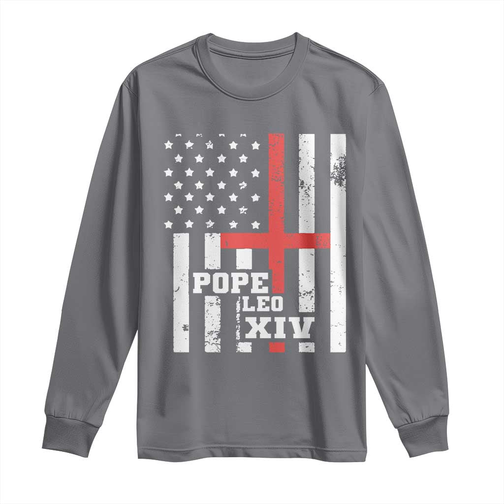 Pope Leo XIV Long Sleeve Shirt First American Pope Catholic Religious Cross American Flag TS11 Charcoal Print Your Wear