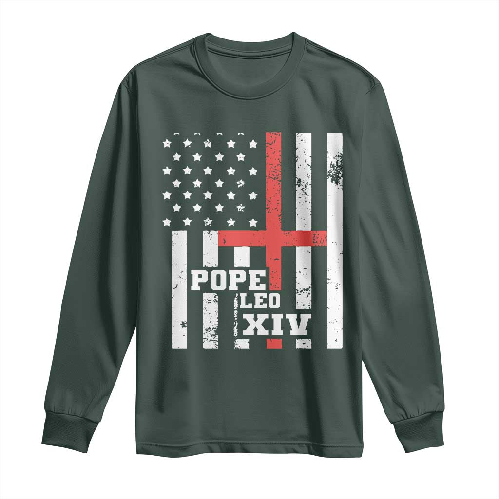 Pope Leo XIV Long Sleeve Shirt First American Pope Catholic Religious Cross American Flag TS11 Dark Forest Green Print Your Wear