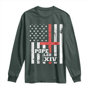 Pope Leo XIV Long Sleeve Shirt First American Pope Catholic Religious Cross American Flag TS11 Dark Forest Green Print Your Wear