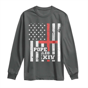 Pope Leo XIV Long Sleeve Shirt First American Pope Catholic Religious Cross American Flag TS11 Dark Heather Print Your Wear