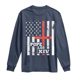 Pope Leo XIV Long Sleeve Shirt First American Pope Catholic Religious Cross American Flag TS11 Navy Print Your Wear