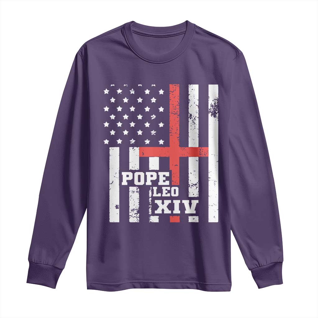 Pope Leo XIV Long Sleeve Shirt First American Pope Catholic Religious Cross American Flag TS11 Purple Print Your Wear