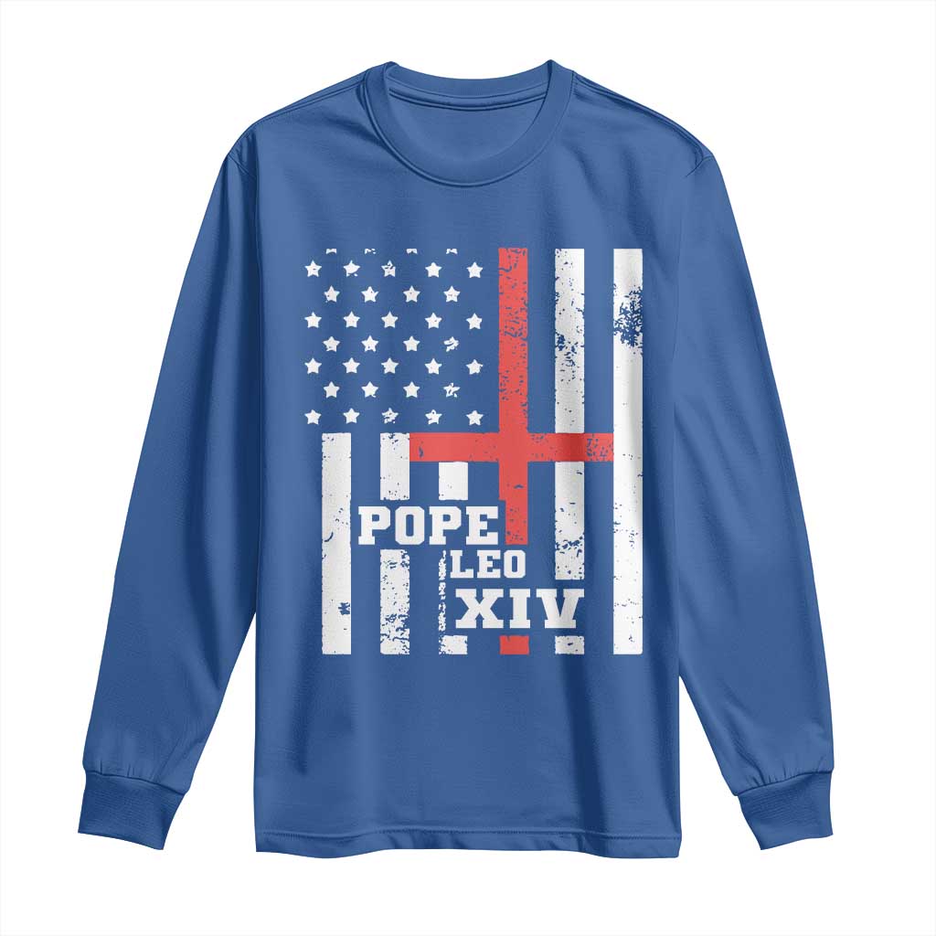 Pope Leo XIV Long Sleeve Shirt First American Pope Catholic Religious Cross American Flag TS11 Royal Blue Print Your Wear