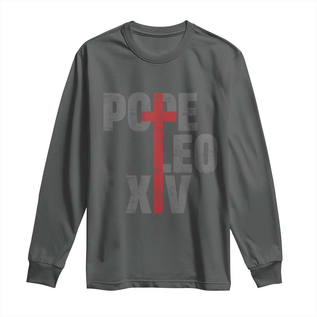 Pope Leo XIV Long Sleeve Shirt First American Pope Catholic Religious Cross TS11 Dark Heather Print Your Wear