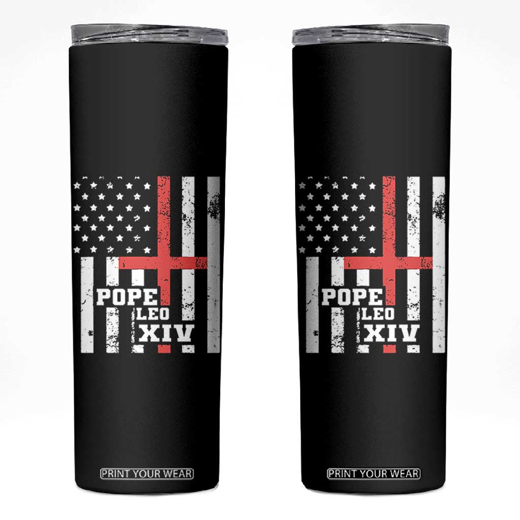 Pope Leo XIV Skinny Tumbler First American Pope Catholic Religious Cross American Flag TS11 Black Print Your Wear