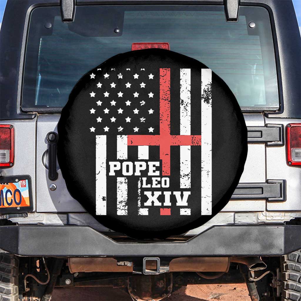 Pope Leo XIV Spare Tire Cover First American Pope Catholic Religious Cross American Flag TS11 No hole Black Print Your Wear