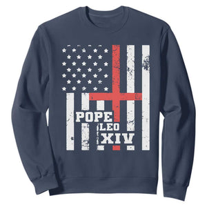 Pope Leo XIV Sweatshirt First American Pope Catholic Religious Cross American Flag TS11 Navy Print Your Wear