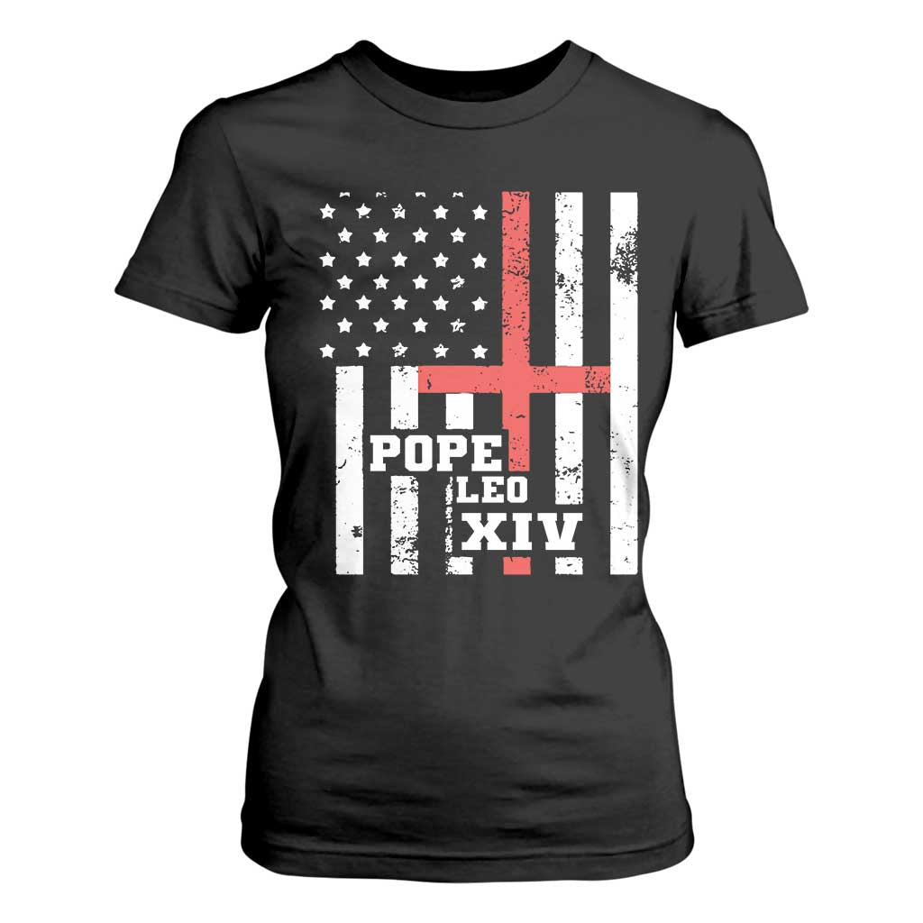 Pope Leo XIV T Shirt For Women First American Pope Catholic Religious Cross American Flag TS11 Black Print Your Wear