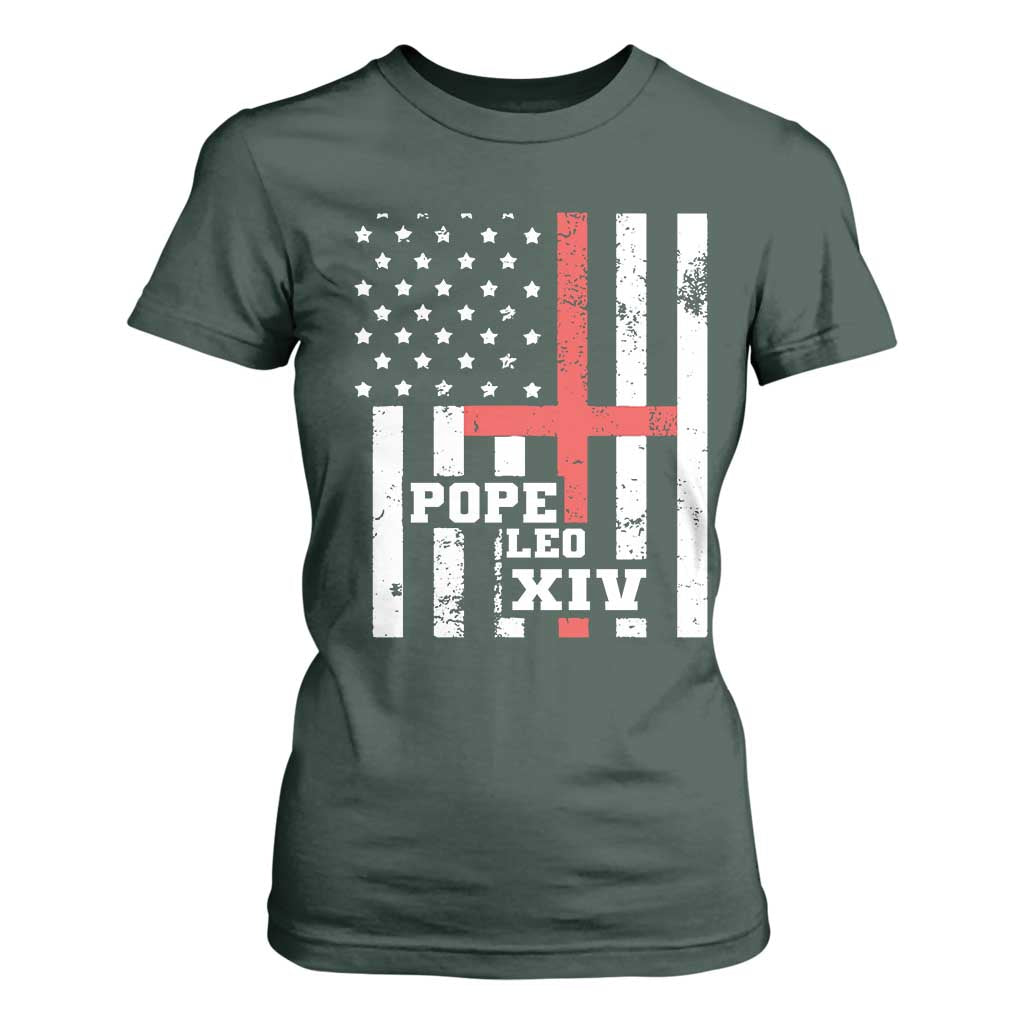 Pope Leo XIV T Shirt For Women First American Pope Catholic Religious Cross American Flag TS11 Dark Forest Green Print Your Wear