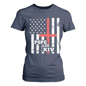 Pope Leo XIV T Shirt For Women First American Pope Catholic Religious Cross American Flag TS11 Navy Print Your Wear