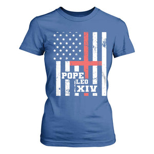 Pope Leo XIV T Shirt For Women First American Pope Catholic Religious Cross American Flag TS11 Royal Blue Print Your Wear