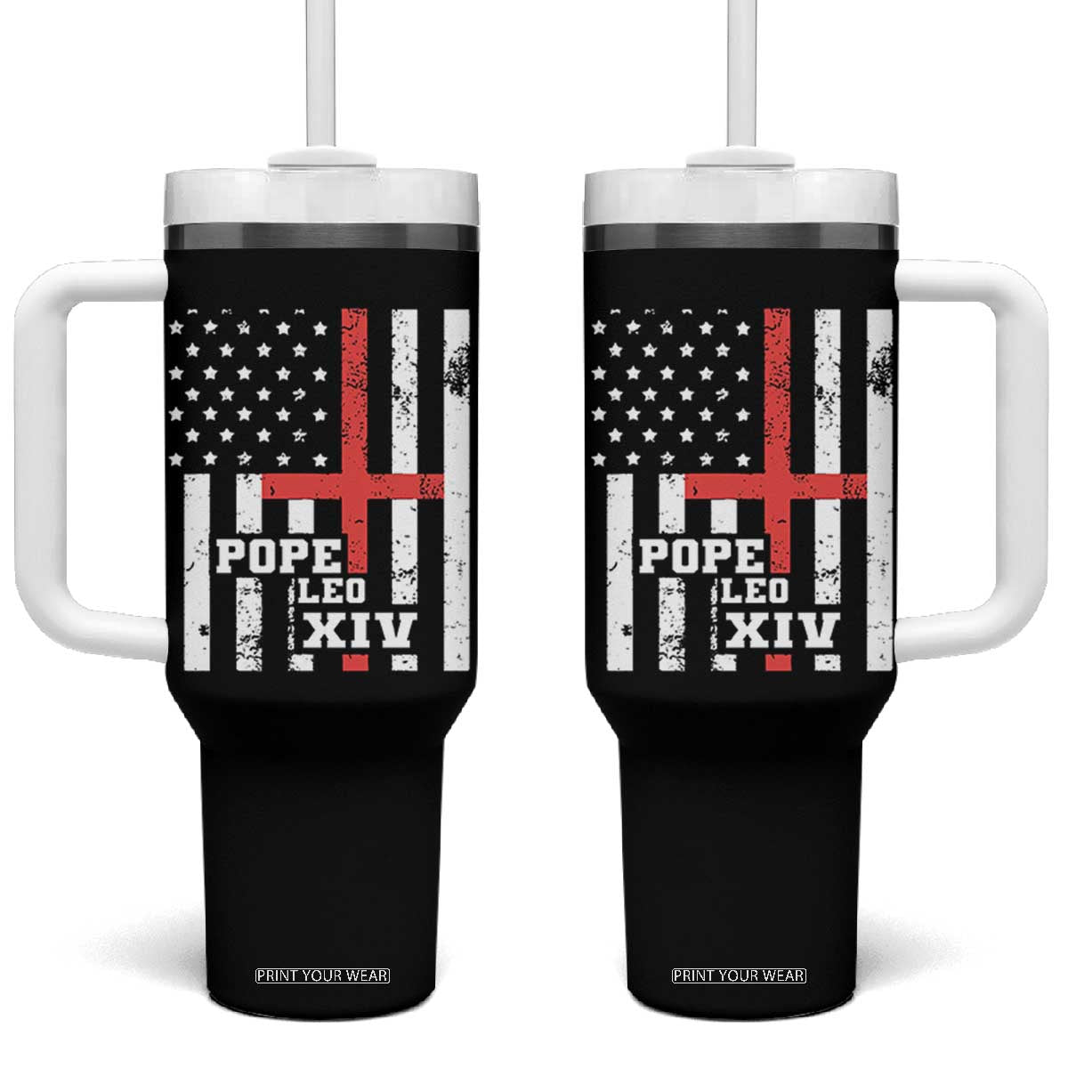 Pope Leo XIV Tumbler With Handle First American Pope Catholic Religious Cross American Flag TS11 One Size: 40 oz Black Print Your Wear