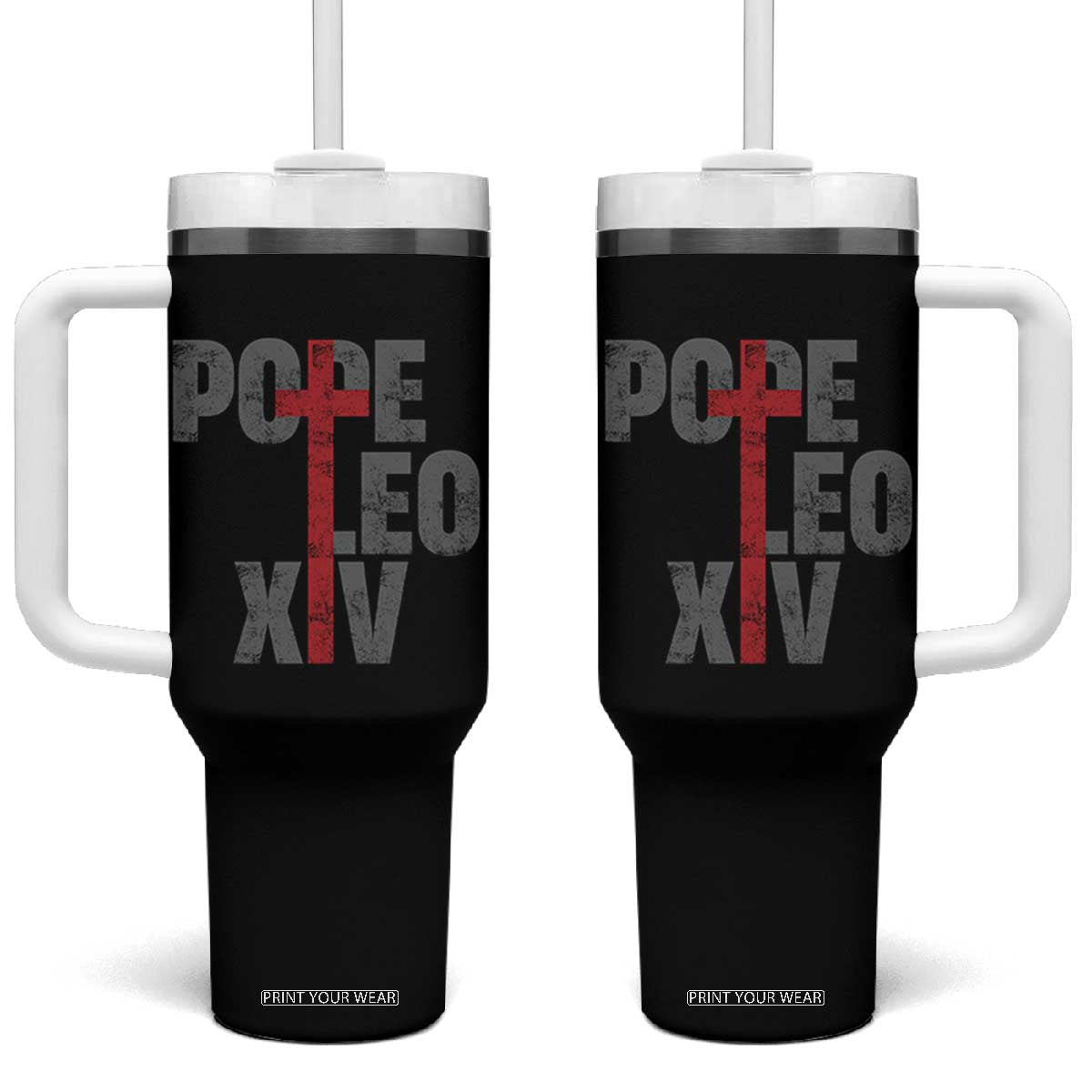 Pope Leo XIV Tumbler With Handle First American Pope Catholic Religious Cross TS11 One Size: 40 oz Black Print Your Wear