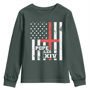 Pope Leo XIV Youth Sweatshirt First American Pope Catholic Religious Cross American Flag TS11 Dark Forest Green Print Your Wear