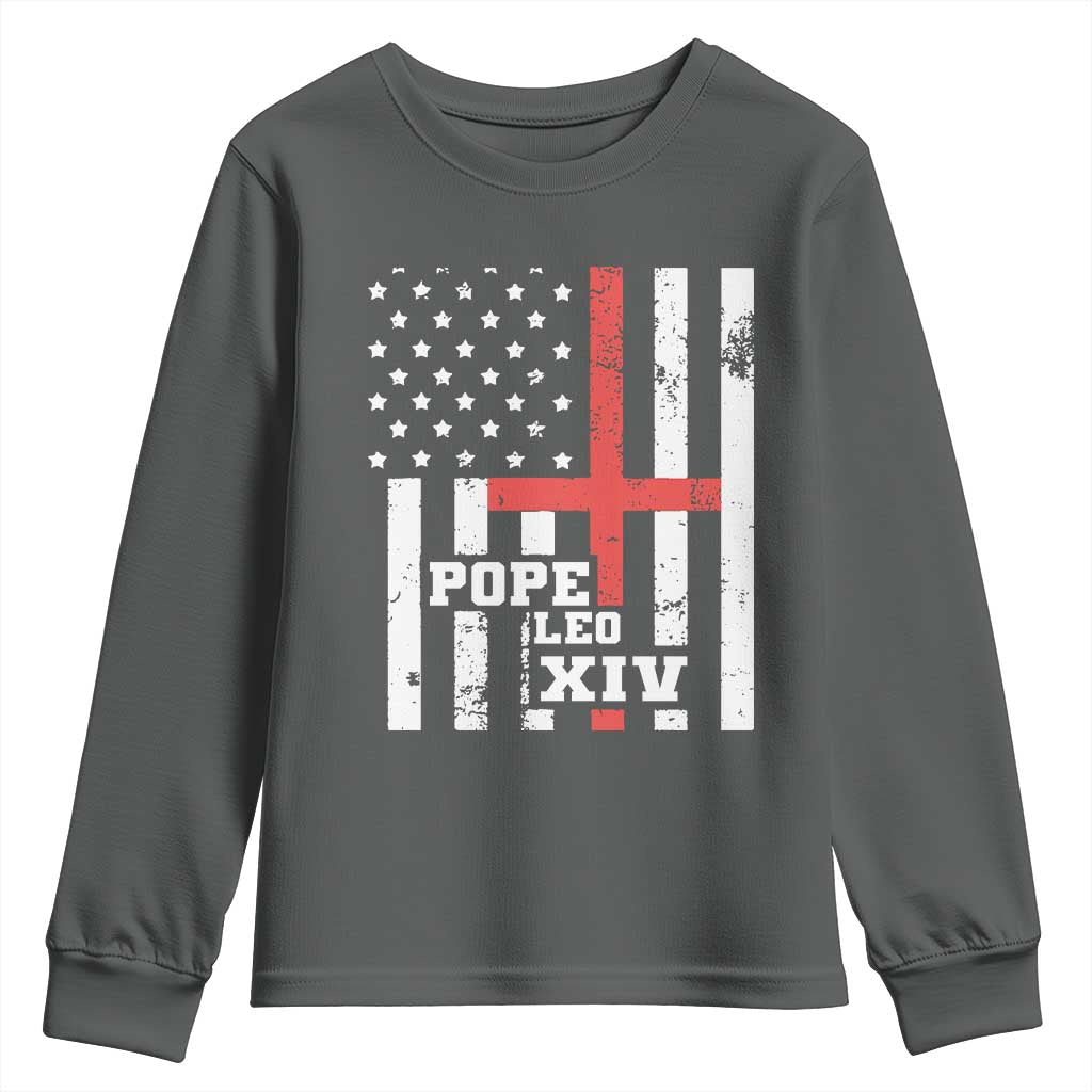 Pope Leo XIV Youth Sweatshirt First American Pope Catholic Religious Cross American Flag TS11 Dark Heather Print Your Wear