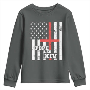 Pope Leo XIV Youth Sweatshirt First American Pope Catholic Religious Cross American Flag TS11 Dark Heather Print Your Wear