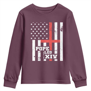 Pope Leo XIV Youth Sweatshirt First American Pope Catholic Religious Cross American Flag TS11 Maroon Print Your Wear