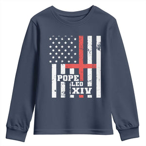 Pope Leo XIV Youth Sweatshirt First American Pope Catholic Religious Cross American Flag TS11 Navy Print Your Wear