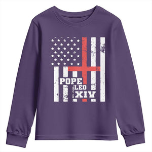 Pope Leo XIV Youth Sweatshirt First American Pope Catholic Religious Cross American Flag TS11 Purple Print Your Wear