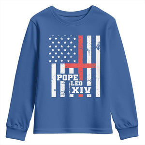 Pope Leo XIV Youth Sweatshirt First American Pope Catholic Religious Cross American Flag TS11 Royal Blue Print Your Wear