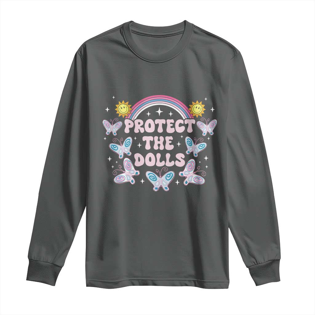 Protect The Dolls Long Sleeve Shirt Trans Women Pride Month Retro Groove Butterfly TS11 Dark Heather Print Your Wear