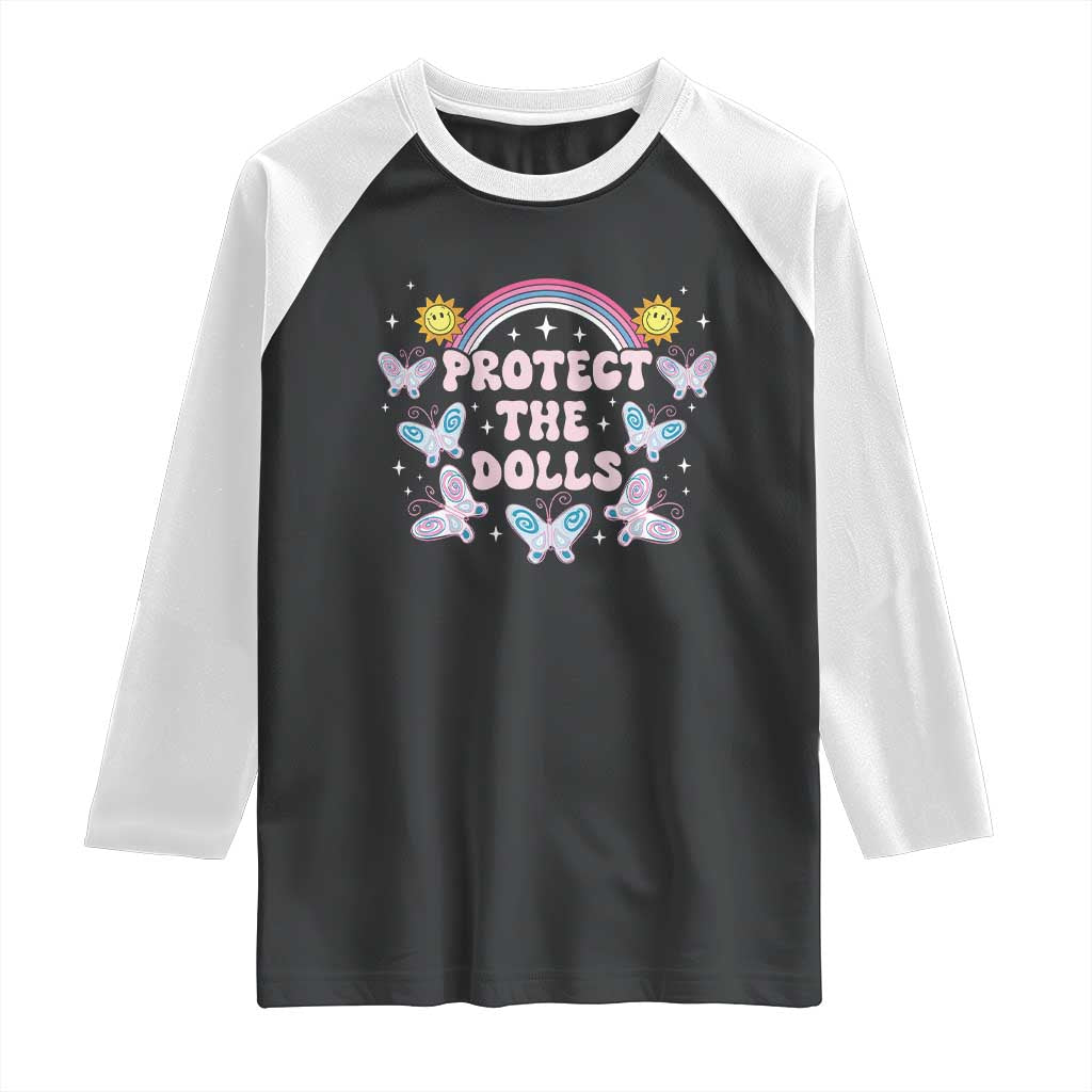 Protect The Dolls Raglan Shirt Trans Women Pride Month Retro Groove Butterfly TS11 Black White Print Your Wear