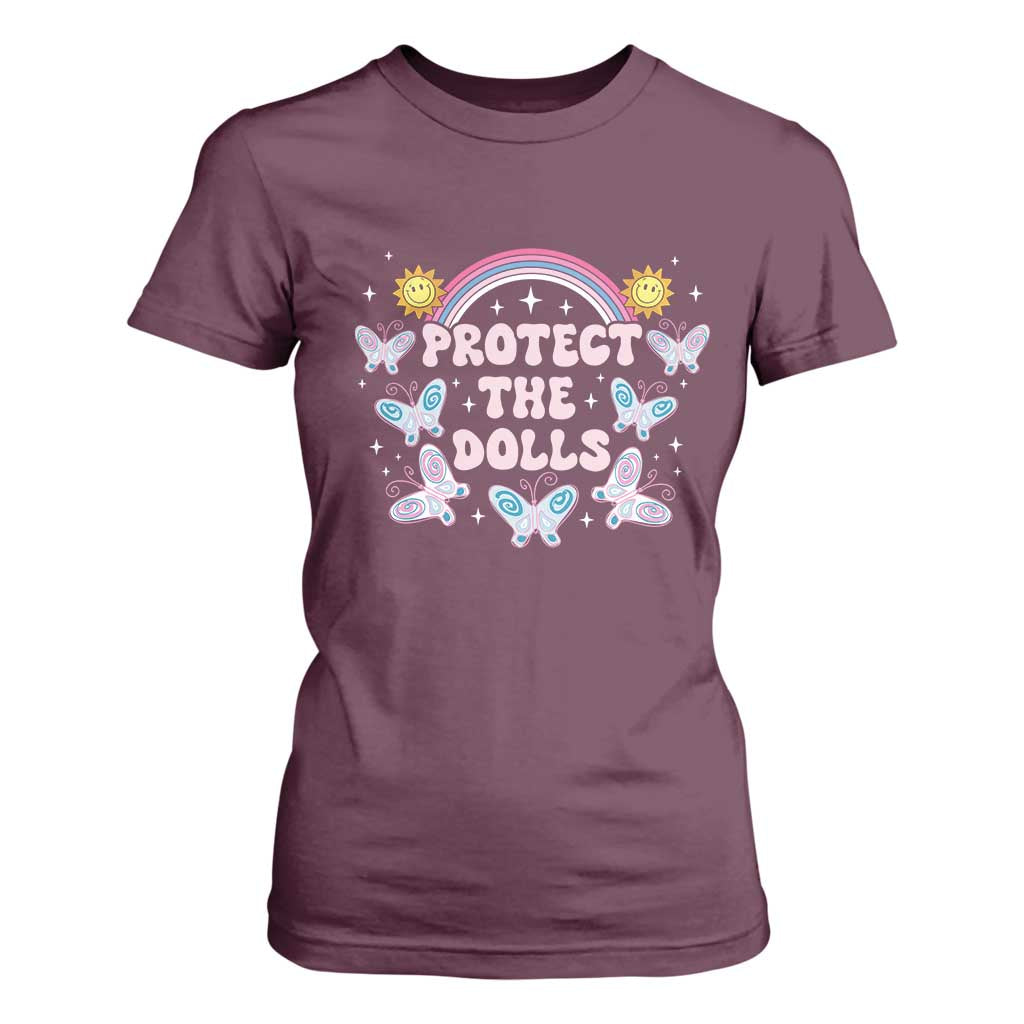 Protect The Dolls T Shirt For Women Trans Women Pride Month Retro Groove Butterfly TS11 Maroon Print Your Wear