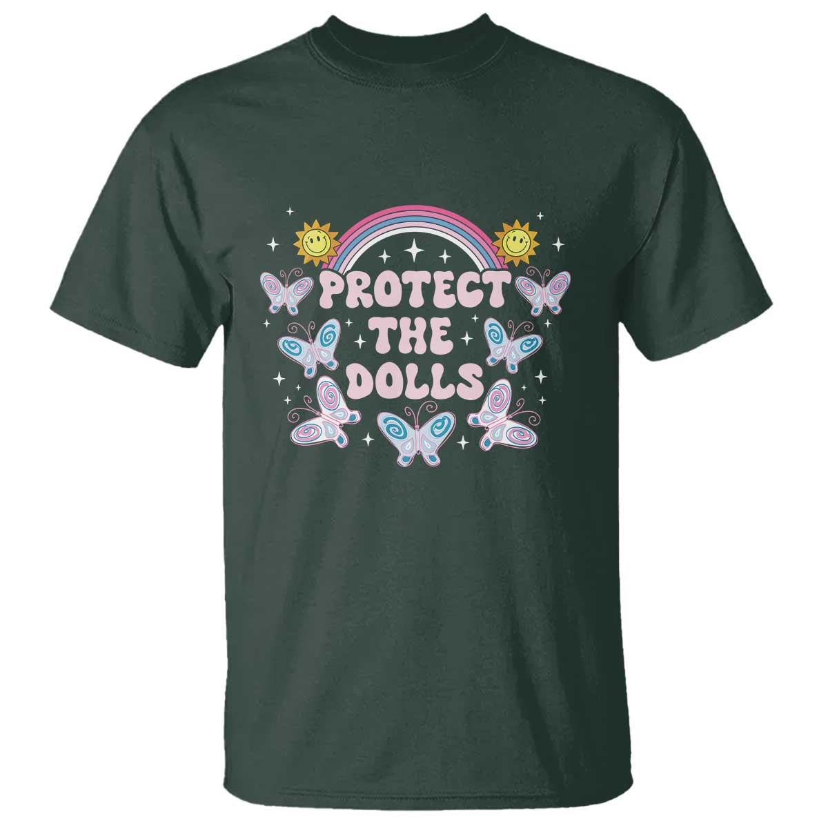 Protect The Dolls T Shirt Trans Women Pride Month Retro Groove Butterfly TS11 Dark Forest Green Print Your Wear