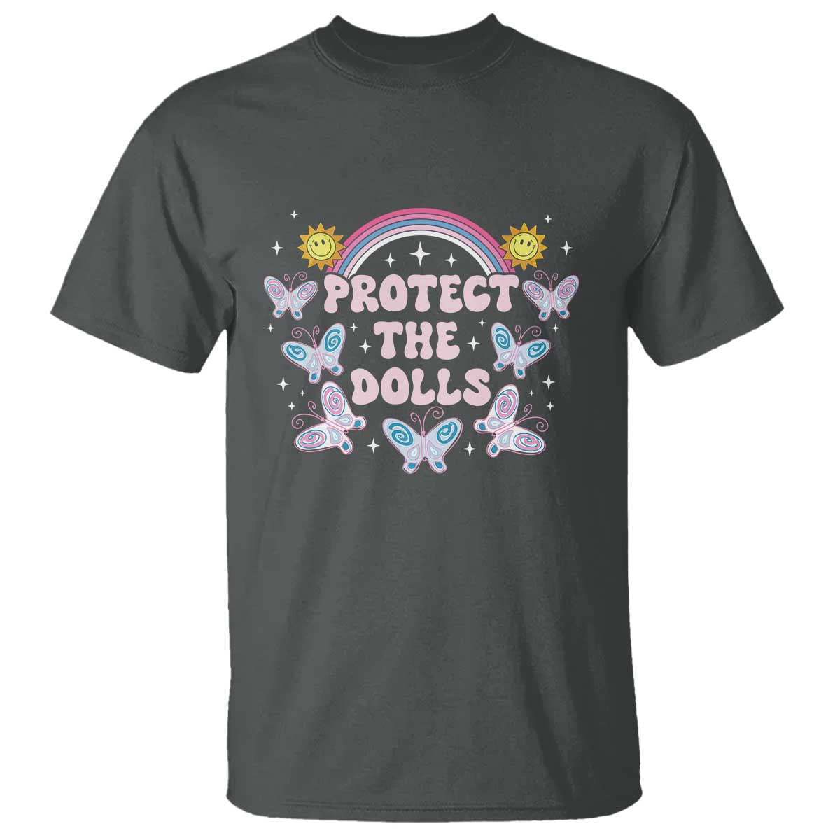 Protect The Dolls T Shirt Trans Women Pride Month Retro Groove Butterfly TS11 Dark Heather Print Your Wear