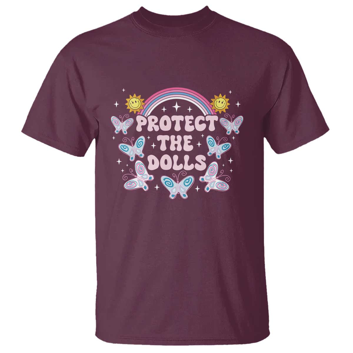 Protect The Dolls T Shirt Trans Women Pride Month Retro Groove Butterfly TS11 Maroon Print Your Wear
