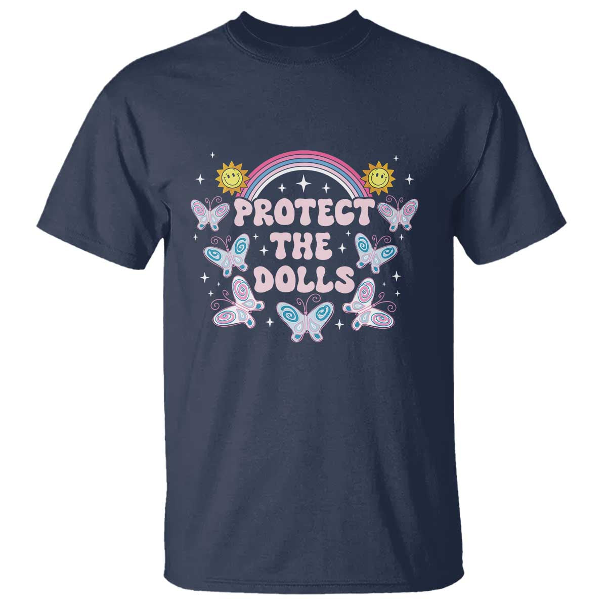 Protect The Dolls T Shirt Trans Women Pride Month Retro Groove Butterfly TS11 Navy Print Your Wear