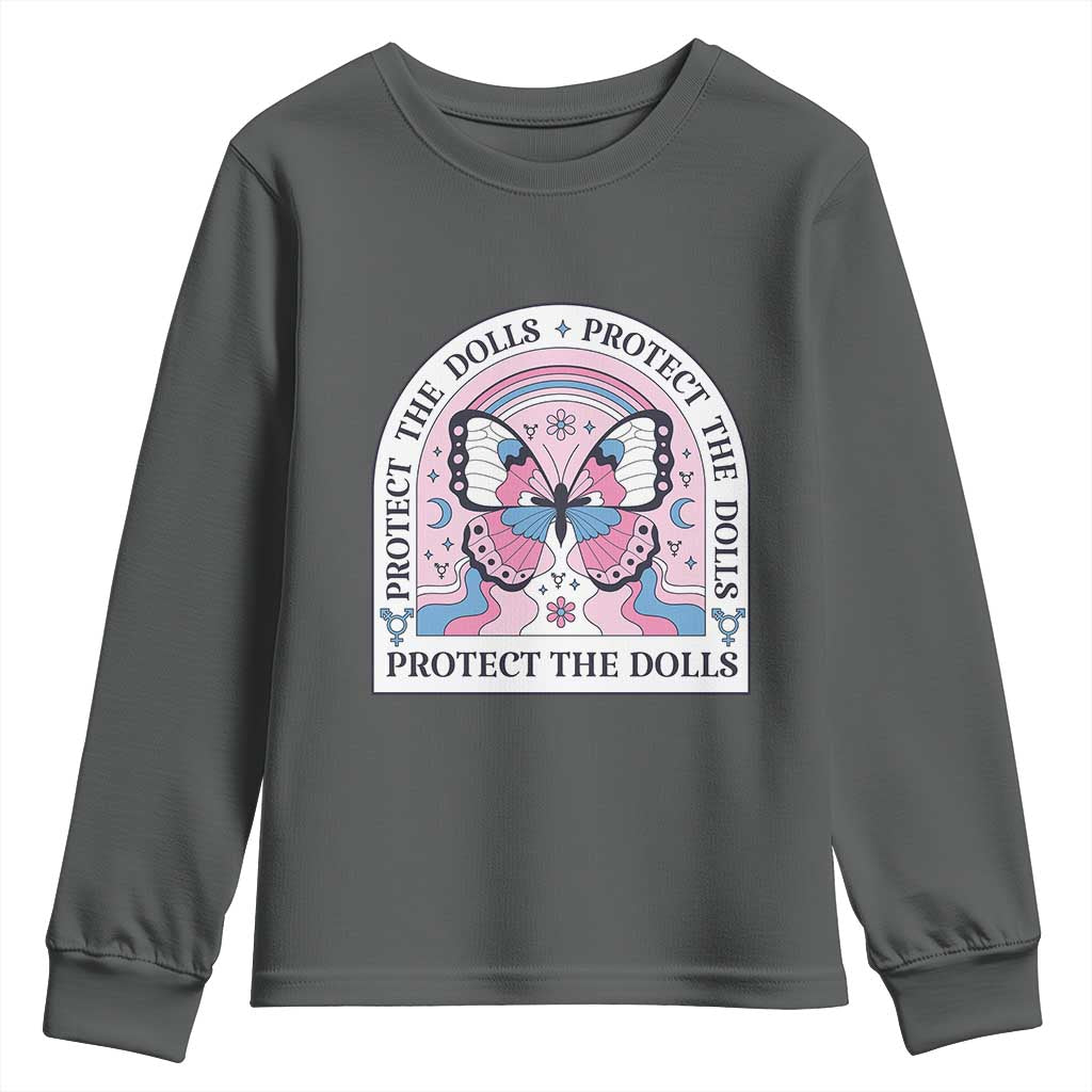 Protect The Dolls Youth Sweatshirt Trans Women Pride Month Butterfly TS11 Dark Heather Print Your Wear