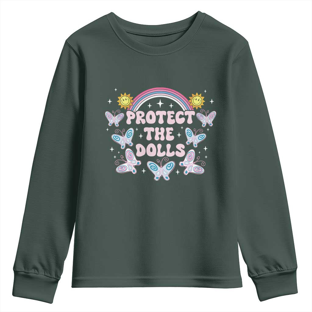 Protect The Dolls Youth Sweatshirt Trans Women Pride Month Retro Groove Butterfly TS11 Dark Forest Green Print Your Wear