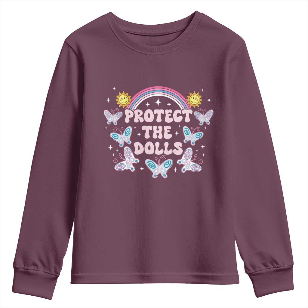 Protect The Dolls Youth Sweatshirt Trans Women Pride Month Retro Groove Butterfly TS11 Maroon Print Your Wear