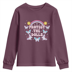 Protect The Dolls Youth Sweatshirt Trans Women Pride Month Retro Groove Butterfly TS11 Maroon Print Your Wear