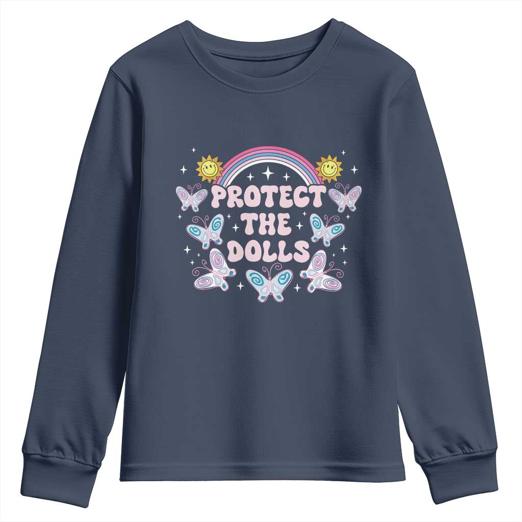 Protect The Dolls Youth Sweatshirt Trans Women Pride Month Retro Groove Butterfly TS11 Navy Print Your Wear