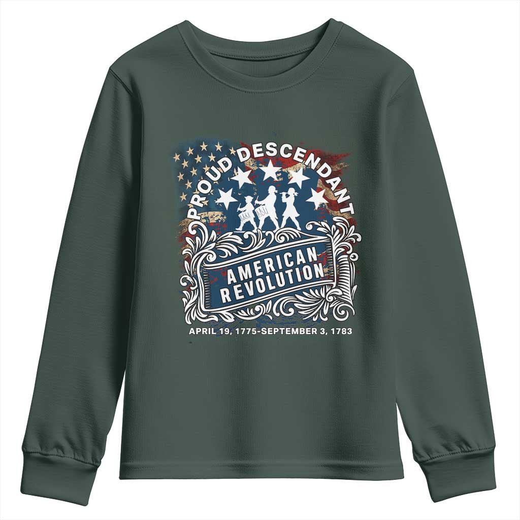 Proud Descendant American Revolution Youth Sweatshirt 1775 to 1783 Patriotic Heritage TS02 Dark Forest Green Print Your Wear