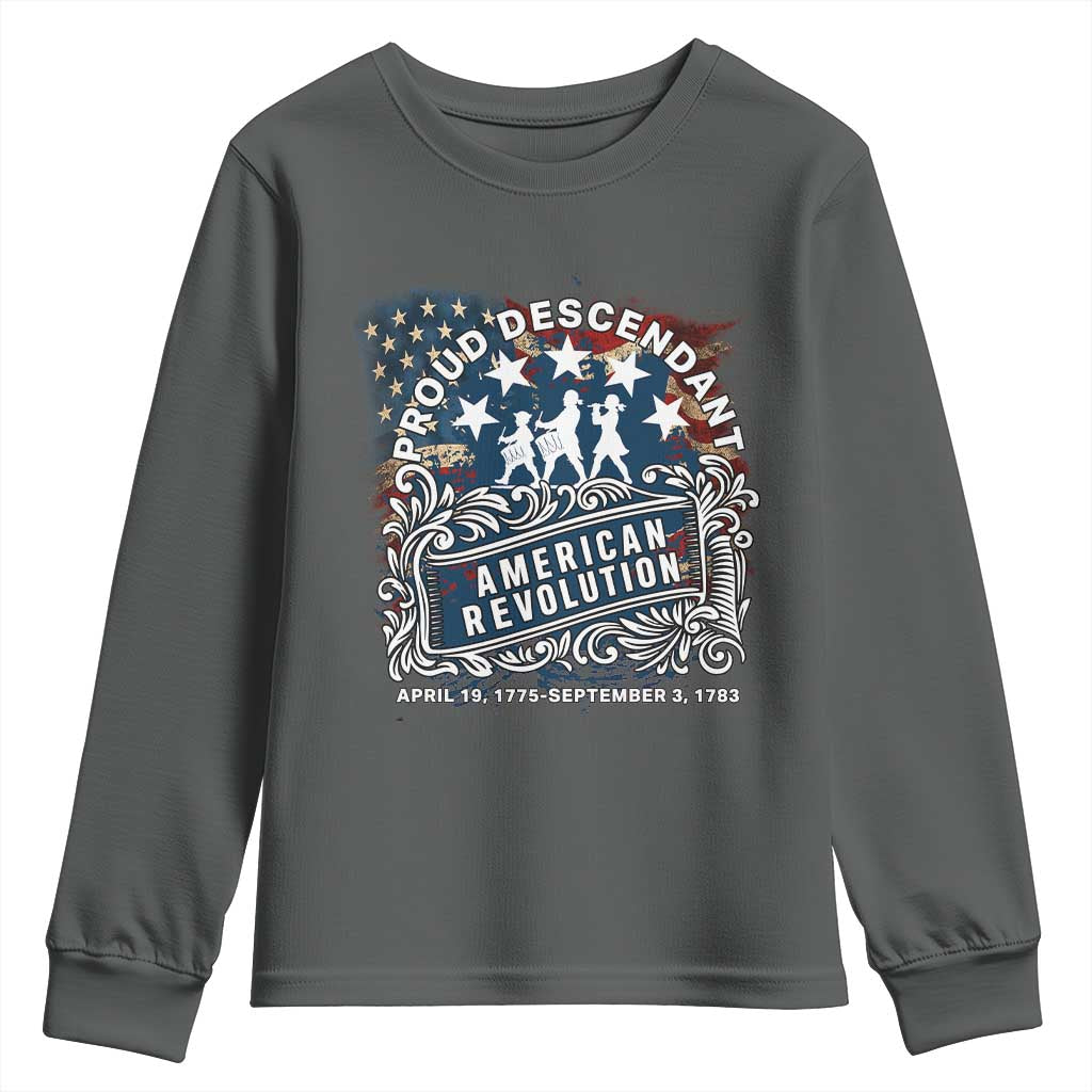 Proud Descendant American Revolution Youth Sweatshirt 1775 to 1783 Patriotic Heritage TS02 Dark Heather Print Your Wear