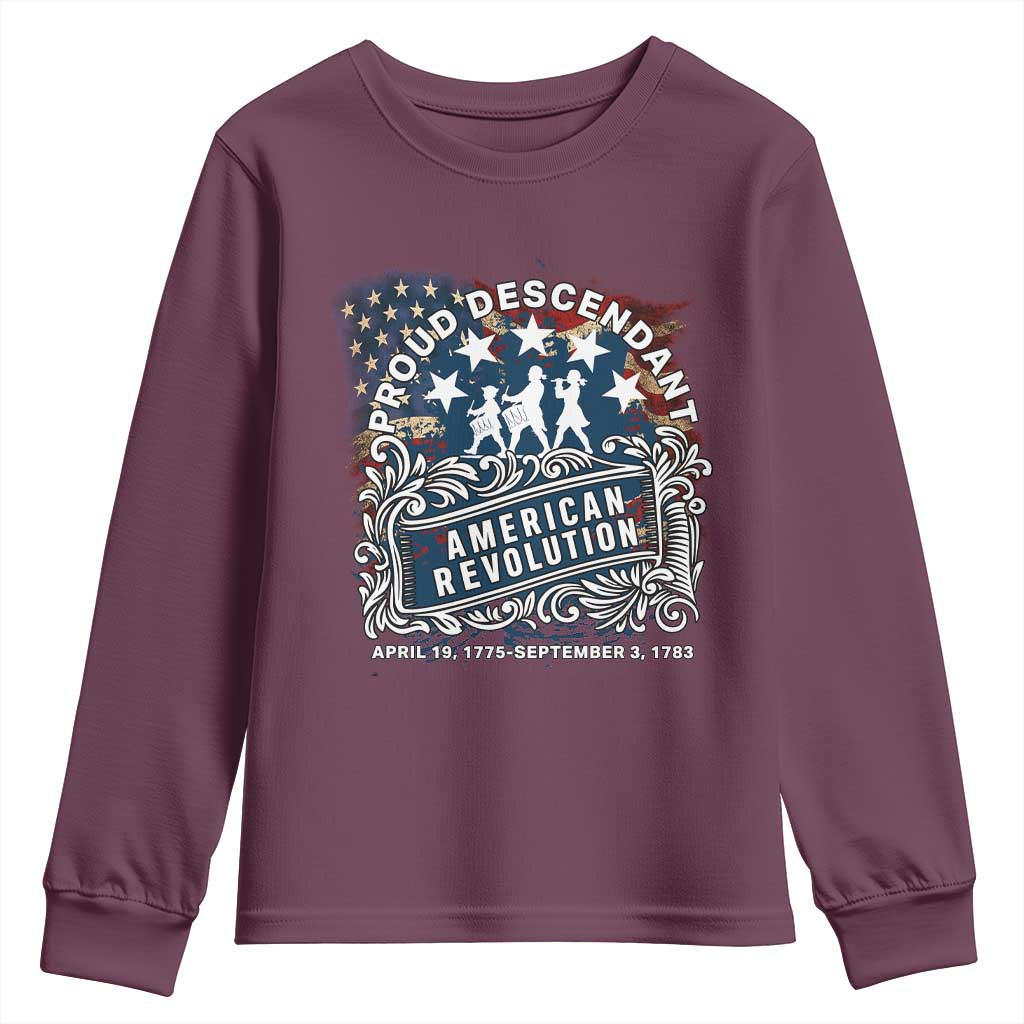 Proud Descendant American Revolution Youth Sweatshirt 1775 to 1783 Patriotic Heritage TS02 Maroon Print Your Wear