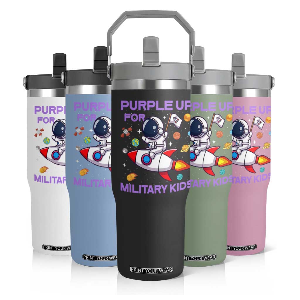 Purple Up For Military Kids Flip Straw Tumbler Military Child Month Astronaut Funny TS10 Print Your Wear