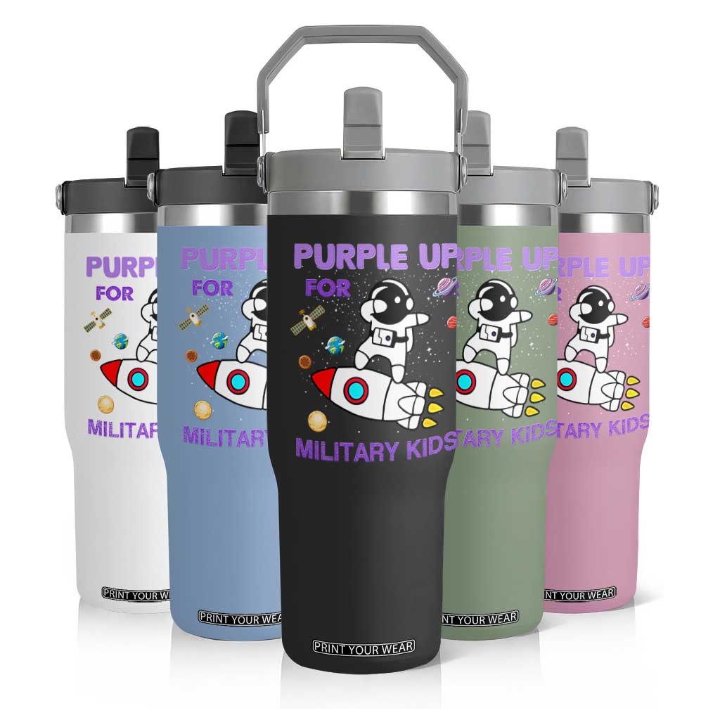 Purple Up For Military Kids Flip Straw Tumbler Military Child Month Astronaut Outer Space TS02 Print Your Wear