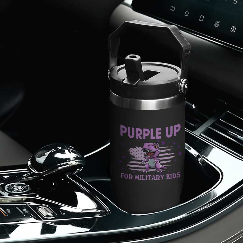 Purple Up For Military Kids Flip Straw Tumbler Military Child Month Dinosaur American Flag TS02 Print Your Wear