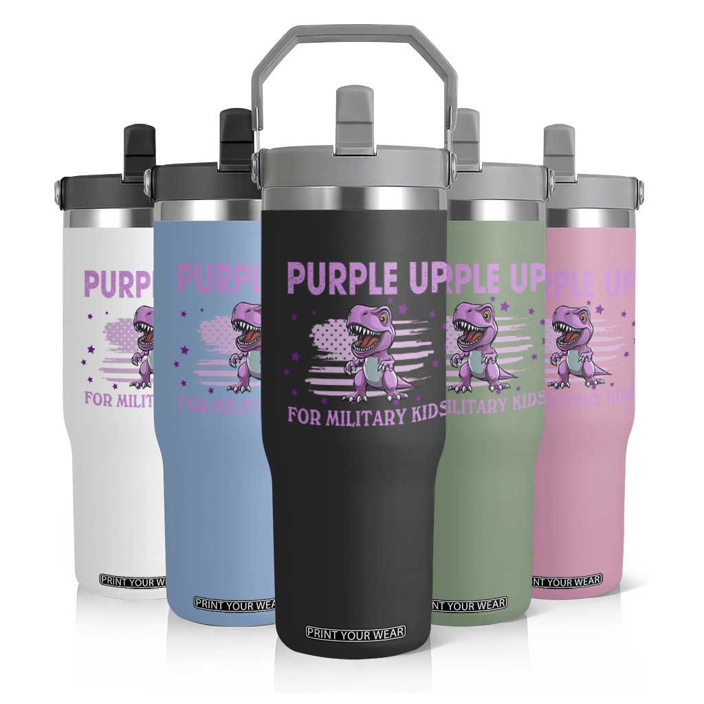 Purple Up For Military Kids Flip Straw Tumbler Military Child Month Dinosaur American Flag TS02 Print Your Wear