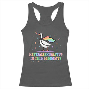 Rainbow Goose Heterosexuality in This Economy Racerback Tank Top LGBTQ Lesbian Pride TS10 Dark Heather Print Your Wear