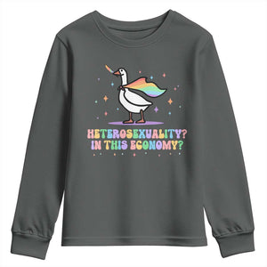 Rainbow Goose Heterosexuality in This Economy Youth Sweatshirt LGBTQ Lesbian Pride TS10 Dark Heather Print Your Wear