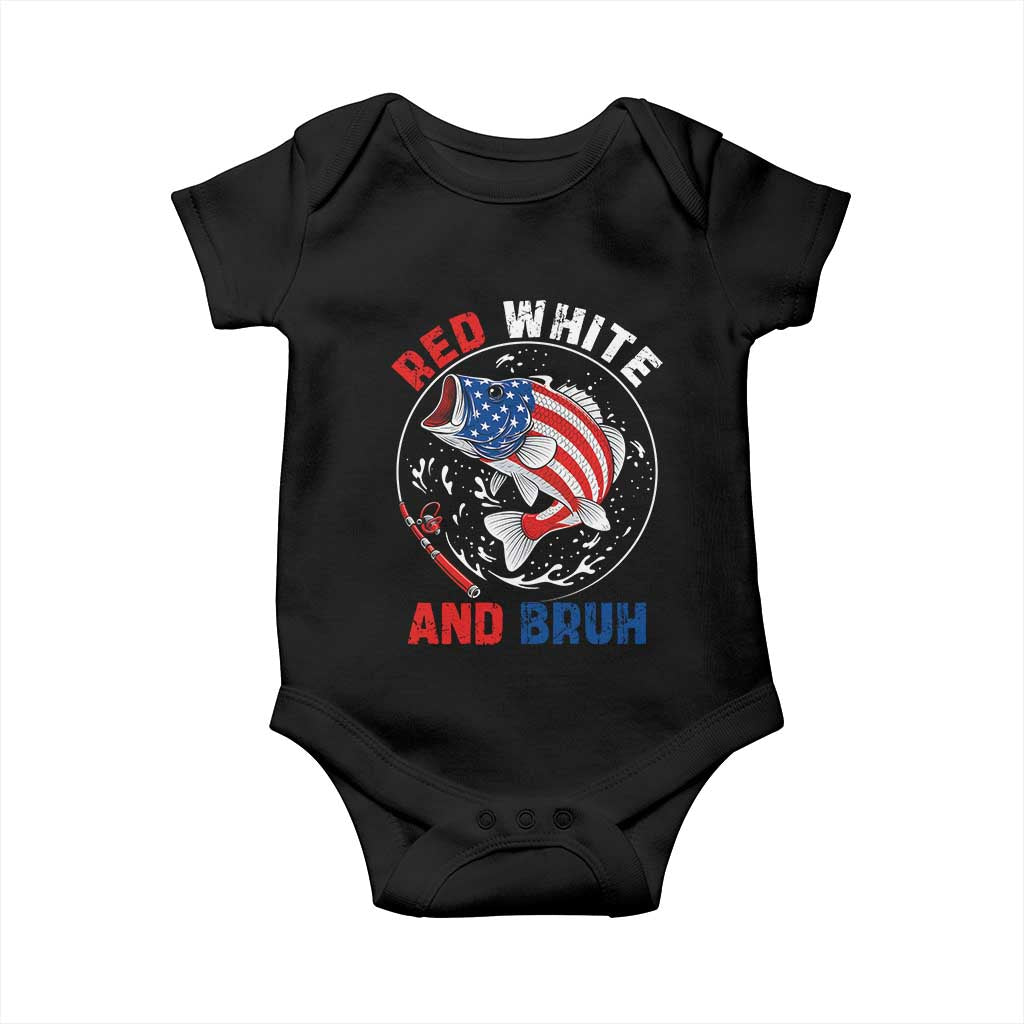 Red White And Bruh Fishing Baby Onesie Funny Patriotic Bass 4th Of July American Flag TS02 Black Print Your Wear