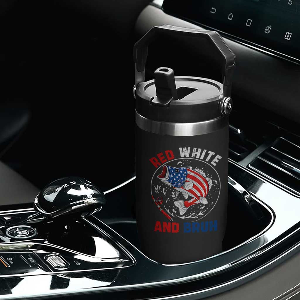 Red White And Bruh Fishing Flip Straw Tumbler Funny Patriotic Bass 4th Of July American Flag TS02 Print Your Wear