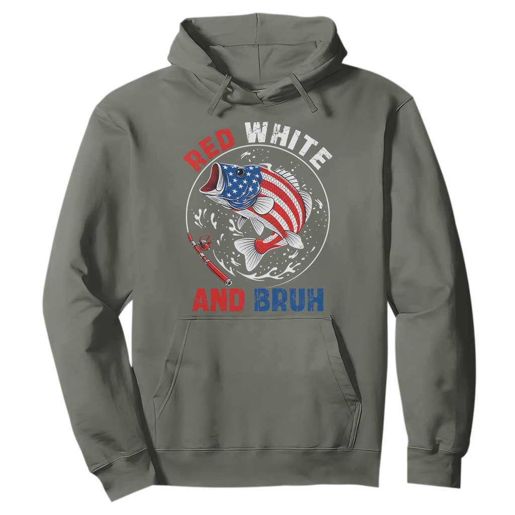 Red White And Bruh Fishing Hoodie Funny Patriotic Bass 4th Of July American Flag TS02 Military Green Print Your Wear